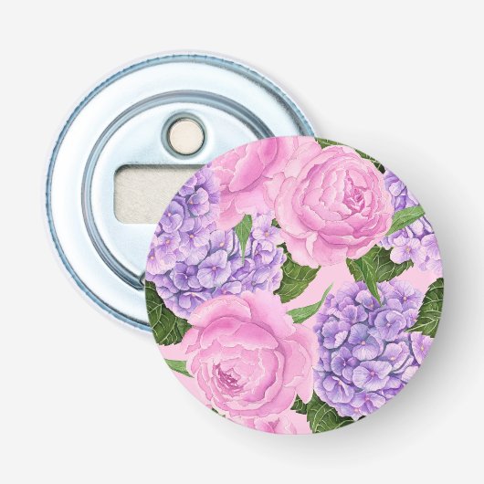 Hydrangea en pony-patroon button flesopener (Voorkant)