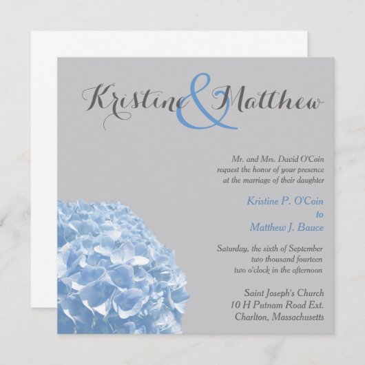 Hydrangea Faire-part de mariage - Bleu et gris (Devant / Derrière)