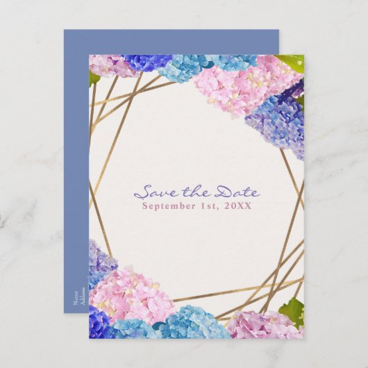 Hydrangea Flowers & Gold Spring Save the Date Aankondigingskaart (Voorkant / Achterkant)