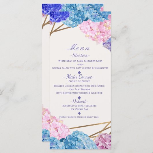 Hydrangea Flowers & Gold Spring Wedding Menu Card (Voorkant / Achterkant)