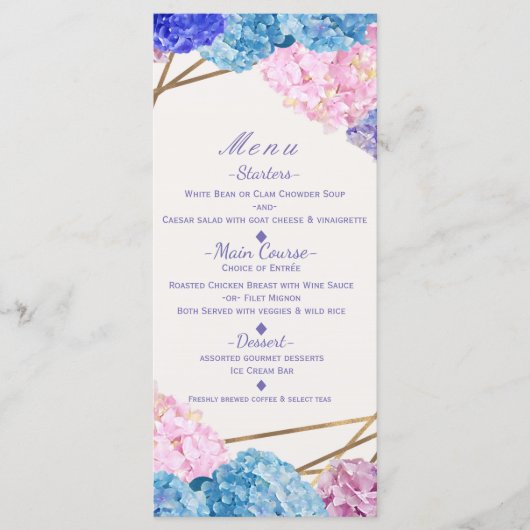 Hydrangea Flowers & Gold Spring Wedding Menu Card (Voorkant)