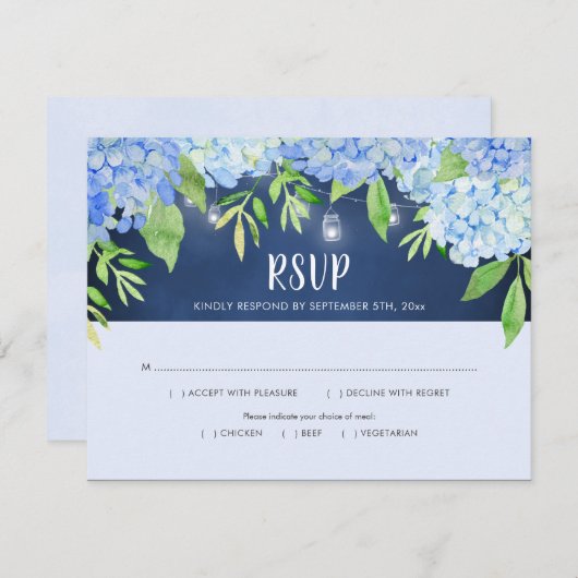 Hydrangea Greenery Navy Mason Jar Lights RSVP (Voorkant / Achterkant)