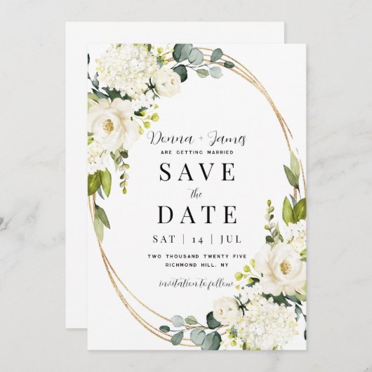 Hydrangea & Groen Bruiloft Save The Date (Voorkant / Achterkant)