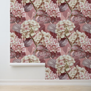 Hydrangea hortensia roze crème bloesemblaadjes behang