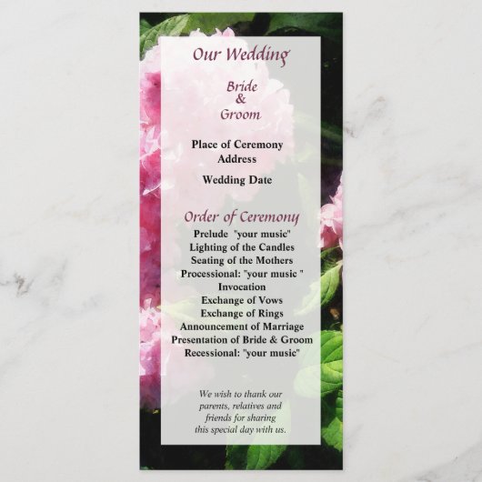 Hydrangea in het Sunshine Wedding Programme Programma (Voorkant)