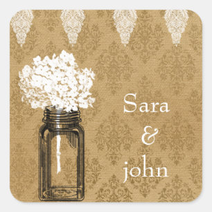 Hydrangea in Mason Jar, burlap gunst stickers