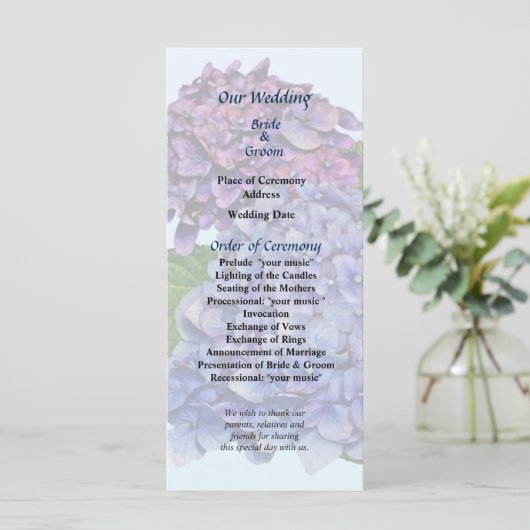 Hydrangea in Shades of Paars Wedding Programme Programma (Staand voorkant)
