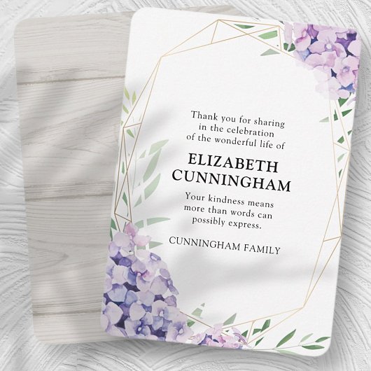 Hydrangea Lila Floral Geometric Memorial Bedankkaart