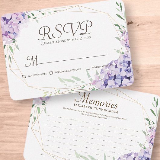 Hydrangea Lila Floral Geometric Memorial RSVP Kaartje