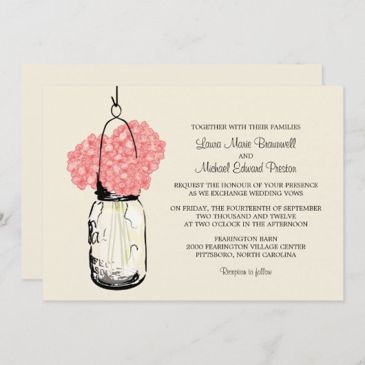 Hydrangea & Mason Jar bruiloft uitnodigingen (Voorkant / Achterkant)