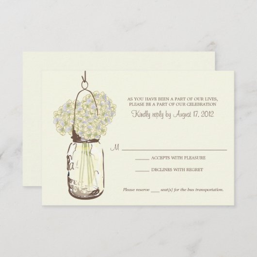 Hydrangea & Mason Jar Huwelijksreactie RSVP Kaartje (Voorkant / Achterkant)