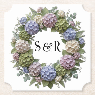 Hydrangea Monogram Krans Bruiloft Kartonnen Onderzetters