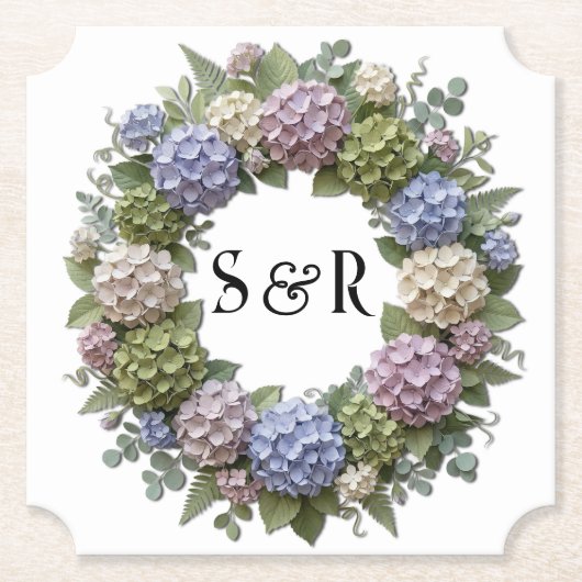 Hydrangea Monogram Krans Bruiloft Kartonnen Onderzetters (Voorkant)