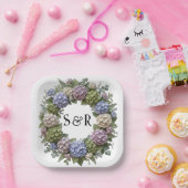 Hydrangea Monogram Krans Bruiloft Papieren Bordje (Feest)