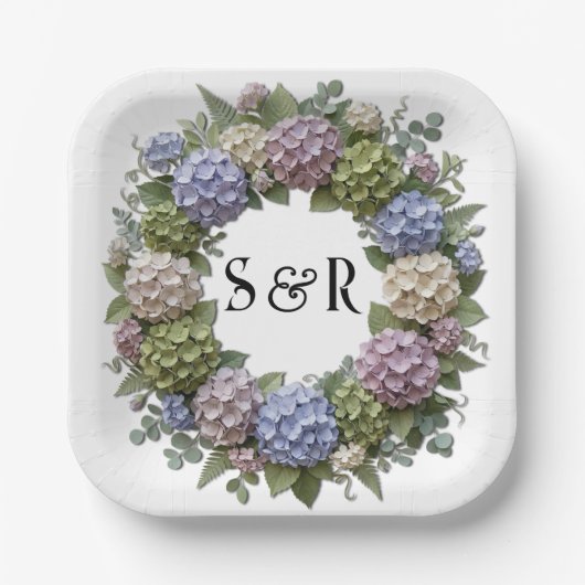 Hydrangea Monogram Krans Bruiloft Papieren Bordje (Voorkant)