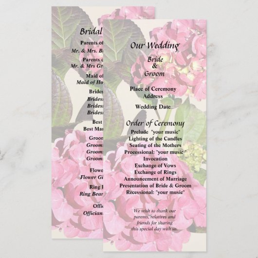 Hydrangea Rose Avec Programme De Mariage Feuille (Devant / Derrière)