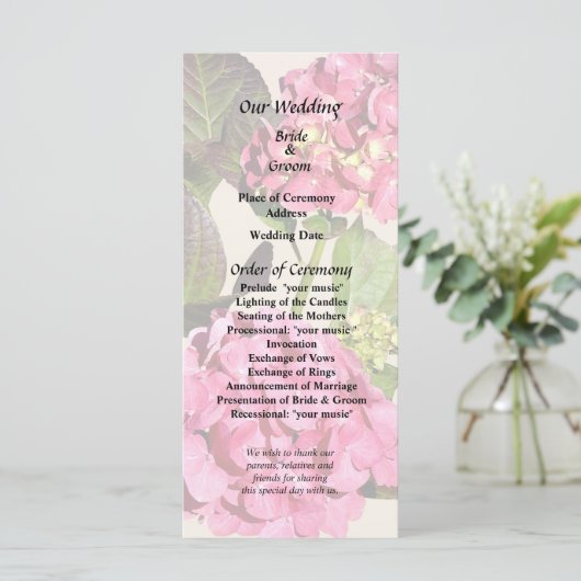 Hydrangea Rose Avec Programme De Mariage Feuille (Debout devant)