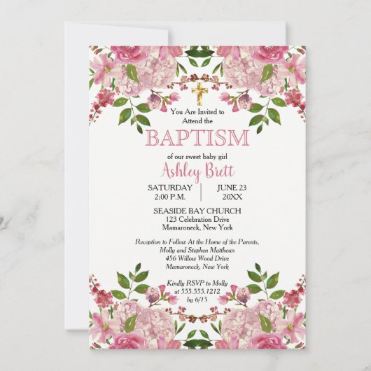 Hydrangea Roze Bloemenaquarel Meisje Doop Kaart (Voorkant)