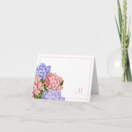  Hydrangea Roze Paars Monogram Notitiekaartje (Voorkant)