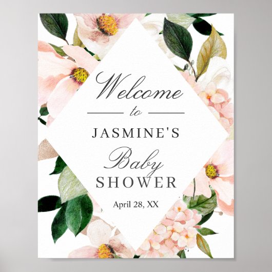 Hydrangea Roze Roze Bloemige Baby Shower Bord Poster (Voorkant)