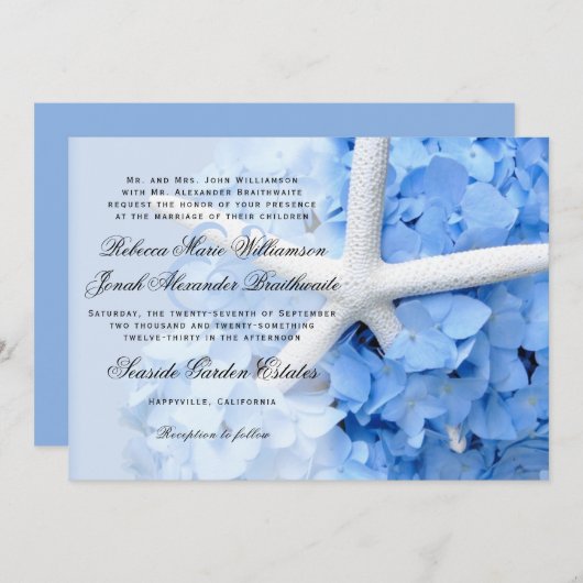 Hydrangea Starfish Parents Names Wedding Invite Kaart (Voorkant / Achterkant)