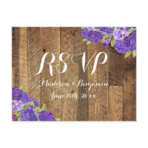 Hydrangea violet Grange mariage en bois RSVP carte