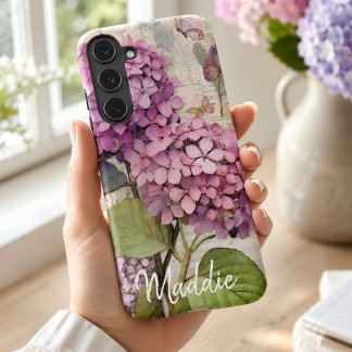 Hydrangea & Vlinderroze gepersonaliseerd Samsung Galaxy Hoesje