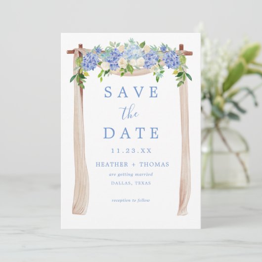 Hydrangea Waterverf Dusty Blue Rustic Save The Date (Staand voorkant)