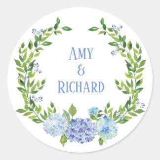 Hydrangea Waterverf krans naam Ronde Sticker
