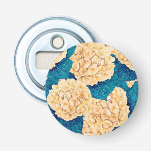 Hydrangea waterverf patroon, geel en blauw button flesopener