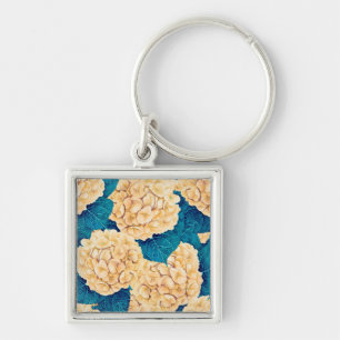 Hydrangea waterverf patroon, geel en blauw sleutelhanger