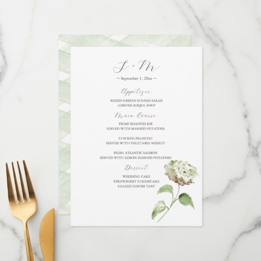 Hydrangea Wedding Table Decor | Menu (Devant/Arrière en situation)