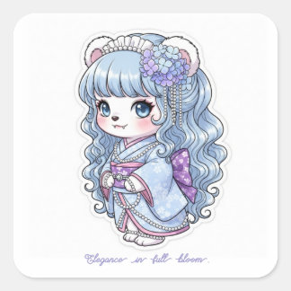 Hydrangea Yukata Bear - Pastel Hair&Pearl Elegance Vierkante Sticker