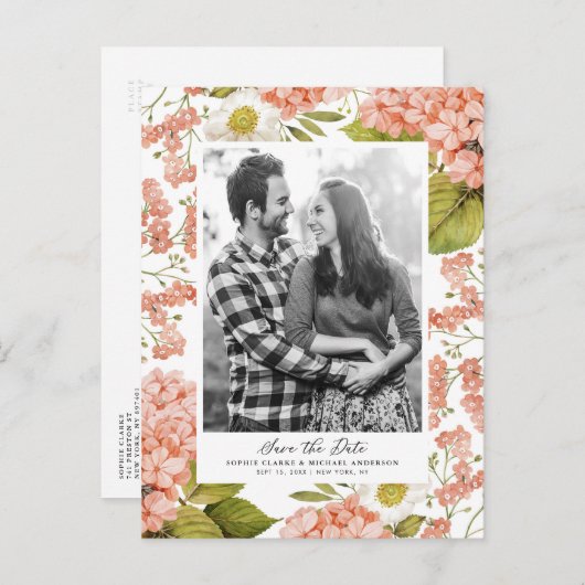 Hydrangeas Aquarelles Pêches Rustiques Faire-Part  (Devant / Derrière)