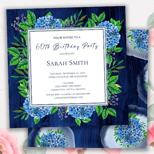Hydrangeas Blue Rustic Wood 60th Birthday Party Kaart
