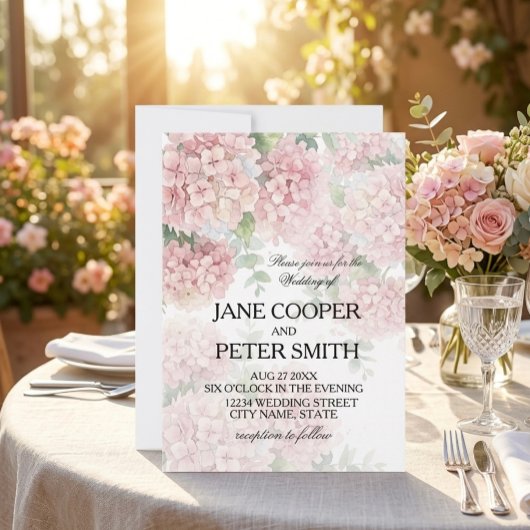 Hydrangeas couleurs rose pastel. Invitation de mar