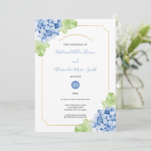 Hydrangeas Faire-part de mariage cadre or bleu (Debout devant)