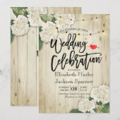 Hydrangeas Floral Rustic Wood String Light Wedding Kaart (Voorkant / Achterkant)