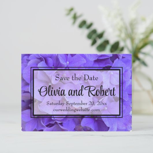 Hydrangeas Lavendel lila Save The Date (Staand voorkant)