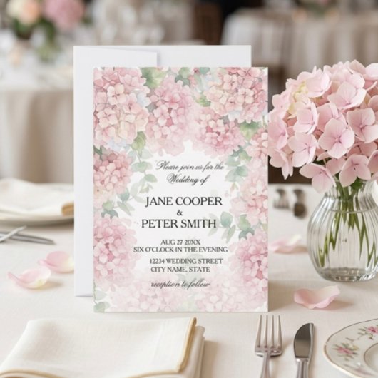 Hydrangeas pastel pink colours. Wedding Invitation Kaart