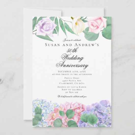 Hydrangeas Roses Wedding Anniversary Invitations (Devant)