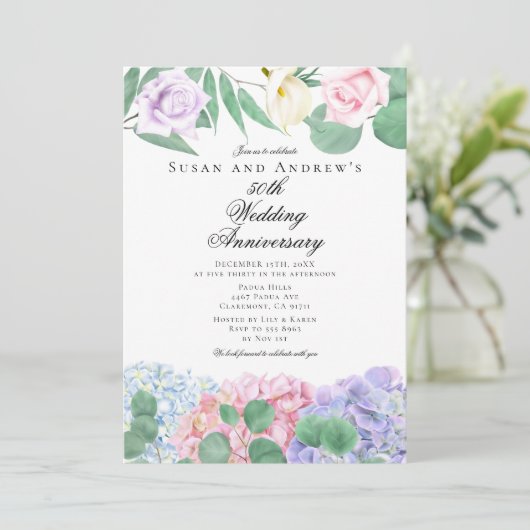 Hydrangeas Roses Wedding Anniversary Invitations (Debout devant)