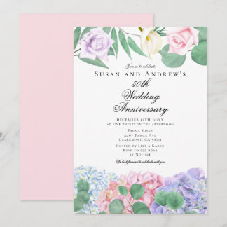 Hydrangeas Roses Wedding Anniversary Invitations Kaart