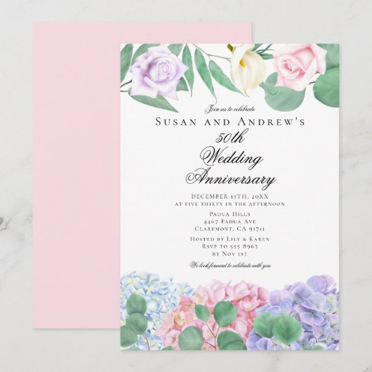 Hydrangeas Roses Wedding Anniversary Invitations Kaart (Voorkant / Achterkant)