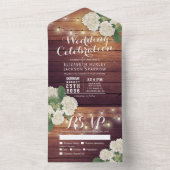 Hydrangeas String Lights Rustic Wood Wedding RSVP All In One Uitnodiging (Binnen)