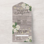 Hydrangeas String Lights Rustic Wood Wedding RSVP All In One Uitnodiging (Binnen)