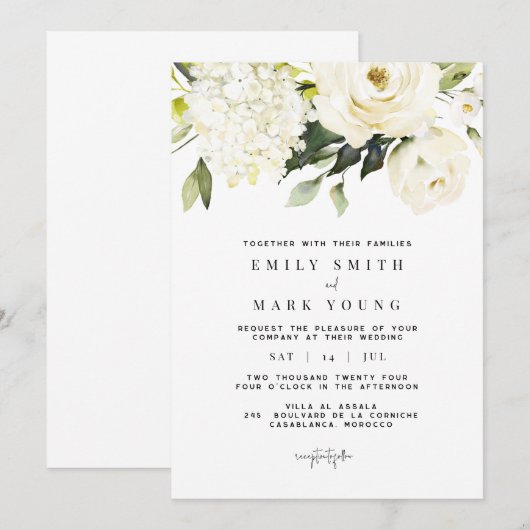 Hydrangée blanche | Invitation florale blanche (Devant / Derrière)