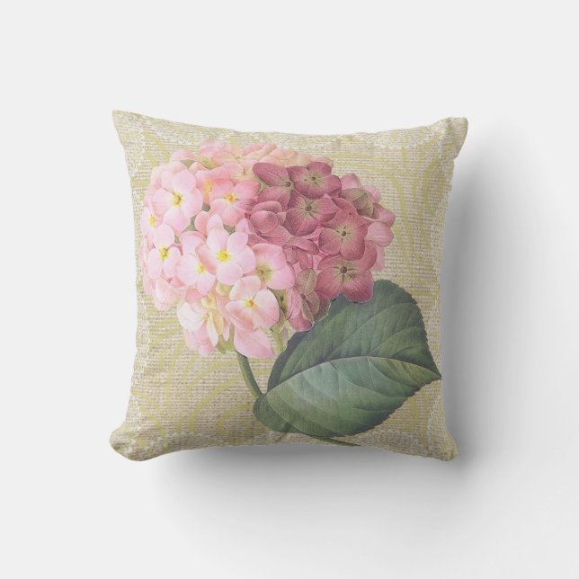 Hydrangée rose & dentelle fleurie coussin vintage (Recto)