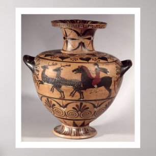 Hydria, jachtplaats, Archaisch Grieks, zwart figuu Poster