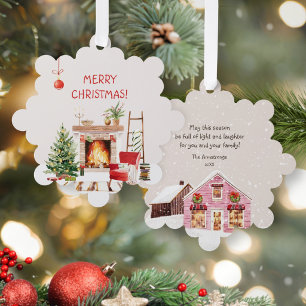 Hygge Aquarel Open Haard Sneeuwvlok Kerstmis Ornament Kaart